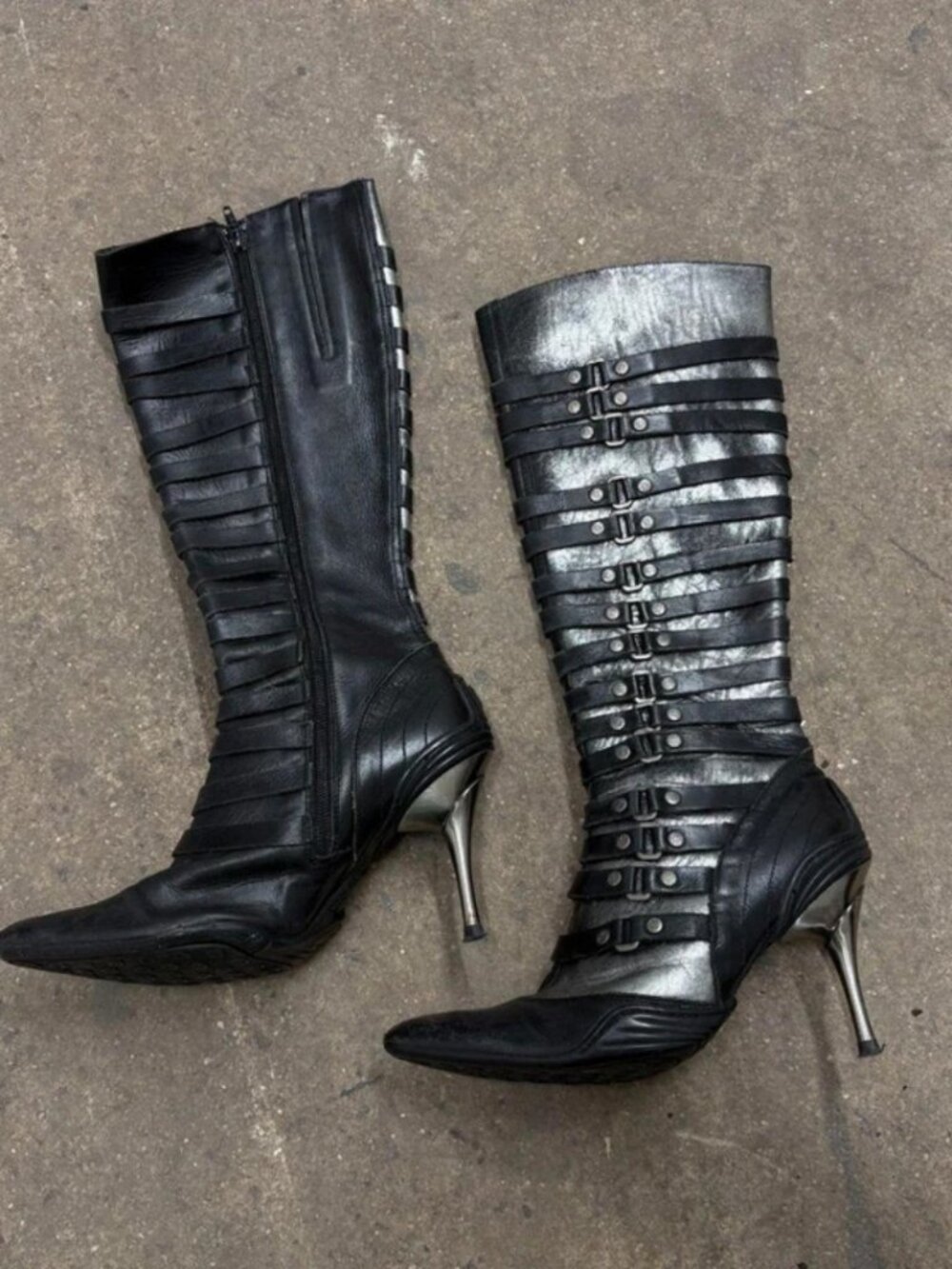 Rare Authentic Vintage Y2K New Rock Black & Silver Metallic Stiletto Boots